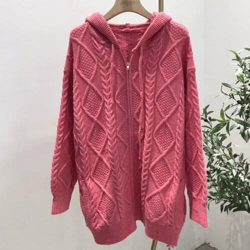 Fad Ladies Autumn Winter Womens Zip Hooded Sweater Jacket Ladies Knitted Sweater Cardigan Jacket Oversized Loose Jacket
