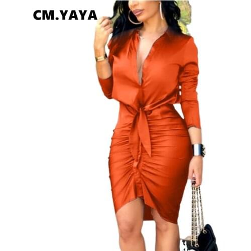 CM.YAYA Women Mini Dress Solid Full Sleeve Trun-down Collar Single Breasted Bandage Strechy Dresses Office Lady Outfits Summer
