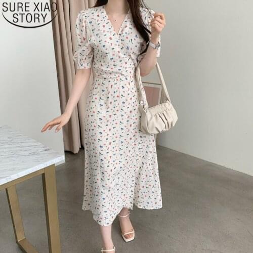 Korean Chic Print Dresses Women Summer New Romantic Floral Dress Elegant Office Lady V-neck Short Sleeve High Waist Dress 15300
