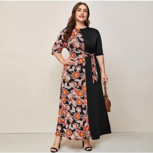 2021 Autumn Dress Women Three Quarter Sleeve Floral Print Patchwork Elegant Dress Belted 4xl 5xl Plus Size Women Clothing