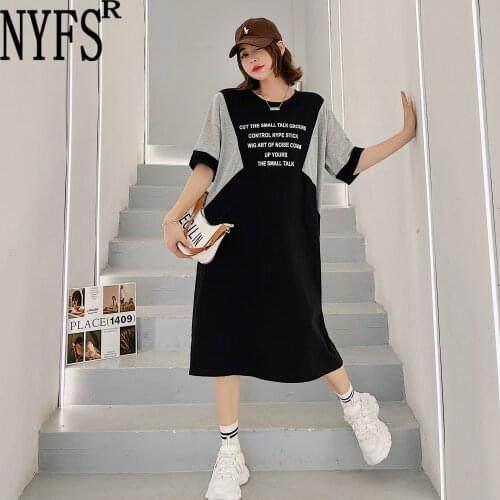 NYFS Summer Dress 2021 Korean New Loose Short Sleeve Woman Dress Vestidos Robe Elbise Fashion Letter Print Patchwork Long Dress