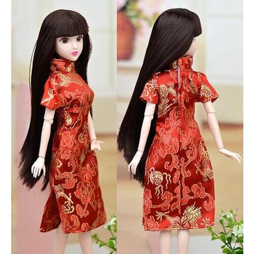 Doll Accessories Red Flower Handmade Dress For Barbie Cheongsam Chinese Traditional Dress Vestido Qipao Evening Dress Girl Gift