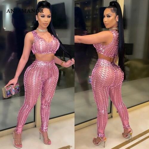 ANJAMANOR Fashion Sexy Hollow Out Pants and Crop Top Plus Size Women Clothing Two Piece Set Club Outfits Wholesale Items D30CI25