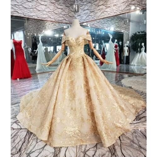 BGW HT42228 Golden Lace Wedding Dresses With Royal Train Off Shoulder Appliques Luxury Bridal Gowns Women Vestido De Casamento