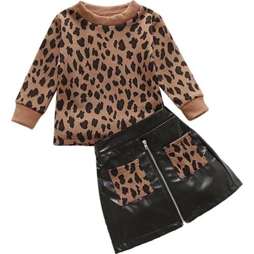 Kids Girls Two Piece Set Toddlers Pullover Brown Leopard Sweatshit Hip Pocket Skirt Clothing Suit for Kids and Children 1-5T