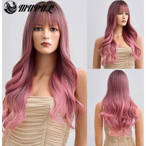 Long Wave Ombre Pink Synthetic Wigs For White Women with Bangs Natura Female Cosplay Wavy Heat Resistant Daily Fiber Wigs