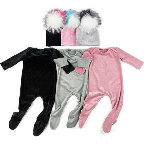 Baby girls boys velvet romper autumn winter soft thicker baby kids bodysuit Clothes with Three Color Pompom hat sets