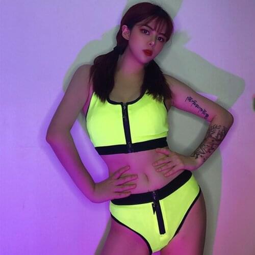 Pole Dance Clothes Women Sexy Bikini Rave Tops Shorts Fluorescence Color Bar Dj Outfit Gogo Singer Show Wear Jazz Suit VDB3181