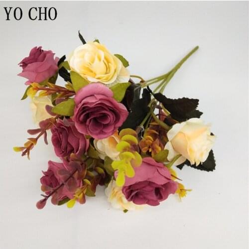 YO CHO Artificial Flower 10 Heads Silk Rose Flower Arrangement Fake Rose Girl DIY Mini Bouquet Home Party Festival Wedding Decor
