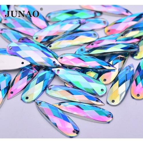 JUNAO 8x28mm Aquamarine AB Sewing Rhinestones Drop High Quality Crystal Sew On Stones Flatback Acrylic Glitter Strass