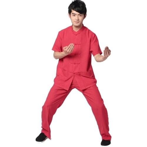 Chinese Traditional Mens Cotton Linen Kung Fu Suit Short Sleeve Wu Shu Sets Shirt&Pant Uniform Red vestido chino