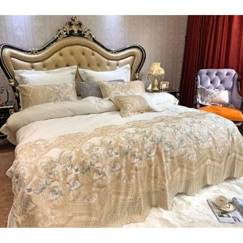Noble White 120S Egyptian cotton Luxury Lace Edge Bedding sets Queen King Royal Duvet cover Bed sheet set Pillowcase 4pcs Europe
