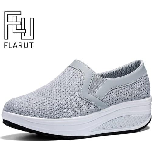 Grey Women Shoes Height Increasing 5 Cm Rocking Shoes Big Size 35-43 Wedge Sneakers Breathable Anti-slip Comfort Fitness Shoes