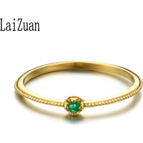 LaiZuan Solid 10K Yellow Gold Round 0.12ct Genuine Natural Emerald Gemstone Engagement Women Exquisite Gift Fine Jewelry Ring