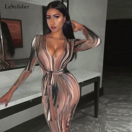 LaStylisher Long Sleeve Women Striped Dress V-neck Bandage Sexy Maxi Long Dress Sashes Spring Autumn Ladies Party Elegant Dress