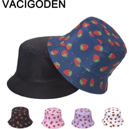 VACIGODEN Women Fashion Bucket Hat Strawberries Printed Sunbonnet Fedoras Outdoor Chapeau Fisherman Caps De Pescador Gorros