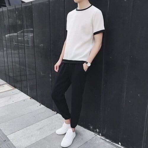 Fashion Casual Mens Short Sleeve T-Shirts Ankle Calf Length Pants Loose Fit Plus Size Male 2Pcs Sets Sportswear