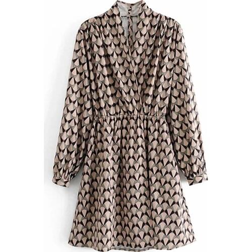Autumn Womens Dress Sexy Deep V Neck Casual Fashion Print Elastic Waist Long Sleeve Dress 2021 Temperament Ladies Office Dress