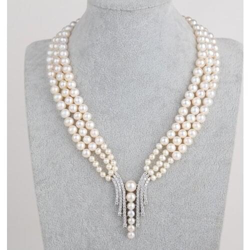 18" 3 Strands Cultured White Pearl Necklace CZ Pave Pendant