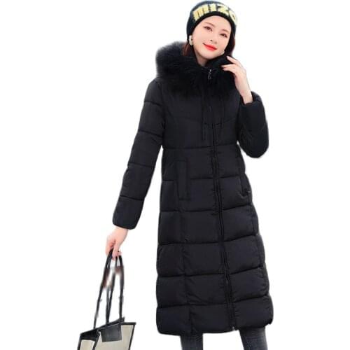 New Winter 2021 Womens Coats Thick Fur Collar Large Size Parkas Fashion Coat Over The Knee Slim Long Female Winter Coat