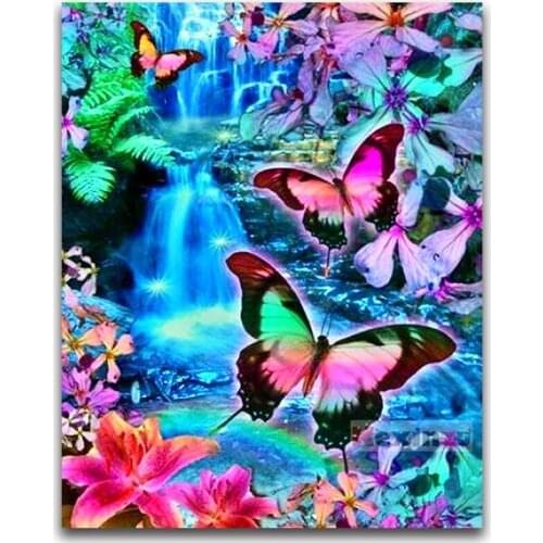 Full 5D DIY Square Diamond Painting Cross Stitch -Color butterfly waterfall- 3d Round Embroidery Mosaic Resin Home Decor Gift WW