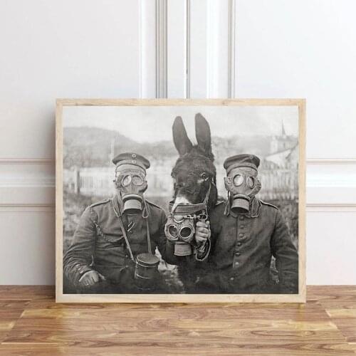 World War I Black White Photo Poster Prints A Donkey and Two German Soldiers Antique Photography Wall Art Canvas Painting Decor