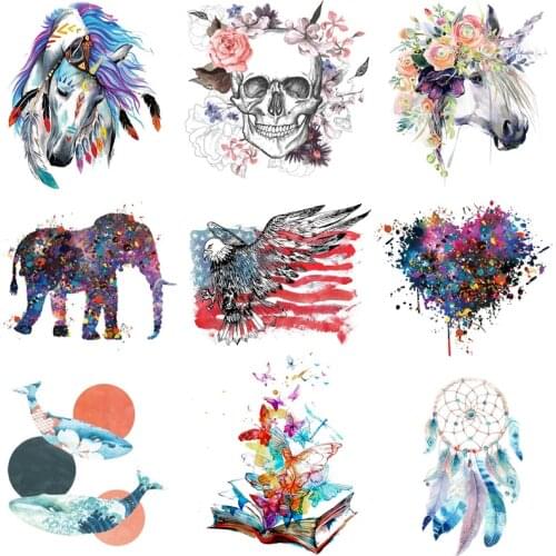Prajna Parches Heat Transfer Vinyl Patch Sticker Iron On Transfers For Clothing Fabric Elephant Horse Patch Skull Applique Badge