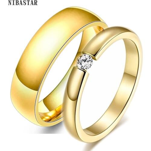 NIBASTAR Simple Fashion Wedding Rings For Men Women Stainless Steel With Crystal Couple Engagement Rings Promise Jewelry