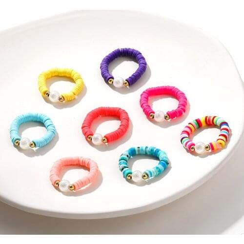 Multicolor Polymer Clay Handmade Rings for Women Boho Ethnic Simulated Pearls Beads Stacking Finger Ring Charm Jewelry Gifts