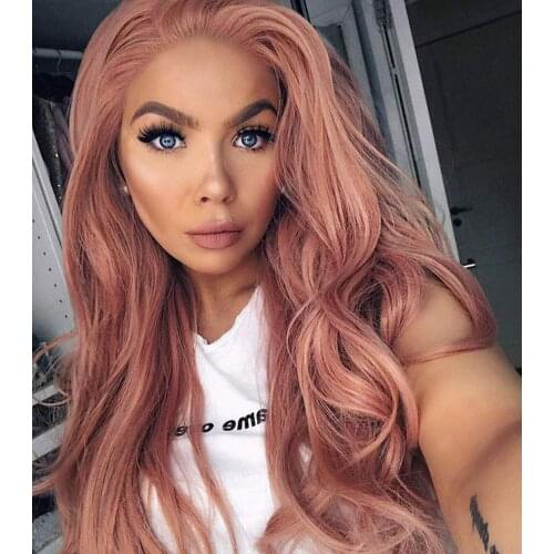 Pink Synthetic Lace Front Wig Long Wave Middle Part Rose Gold Wig Heat Resistant Daily Makeup Cosplay Wigs for Women 24 Inches