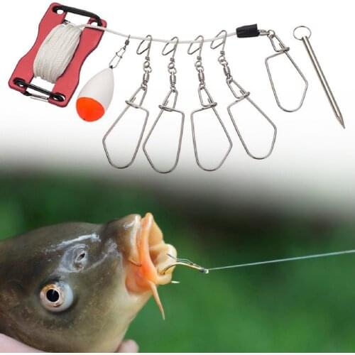Outdoor Fishing Lure Stringer Stainless Steel Locking Buckle Fish Clip Lock Hook with Rope Float Fishing Lure Stringer
