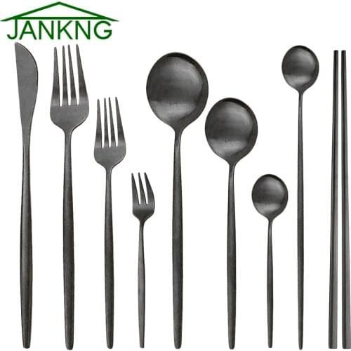 Black Matte Tableware Stainless Steel Dinnerware Set Knife Fork Spoon Chopsticks Kitchen Flatware Silverware Luxury Cutlery