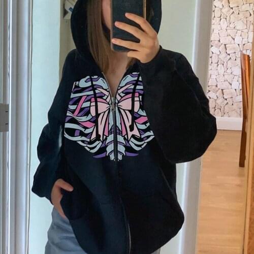 SEASONS Winter Skull Print Boyfriend Long Jacket Women Zip Up Harajuku Gothic Oversized Coats Korean Fashion Overcoats ASCO83777