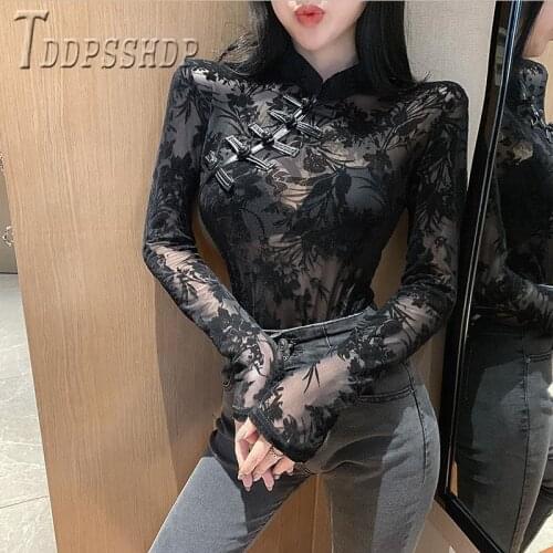 2019 Retro New Sexy Transparent Women T Shirt Slim Lace Temperament Female Tee Shirts