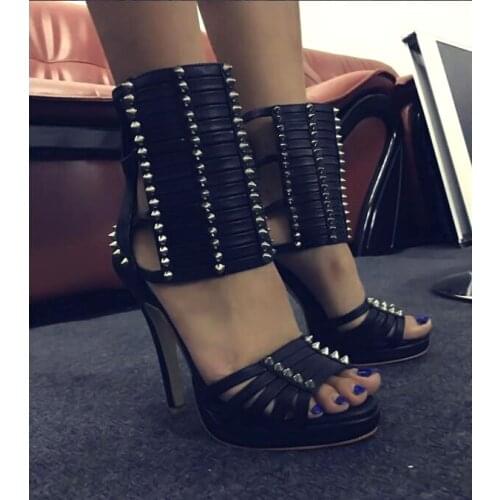 Summer Women Sexy Black Ferret Spikes Rivets Studs Sandal Boots Peep Toe Zip Back Platform Gladiator High Heel Ankle Short Boots