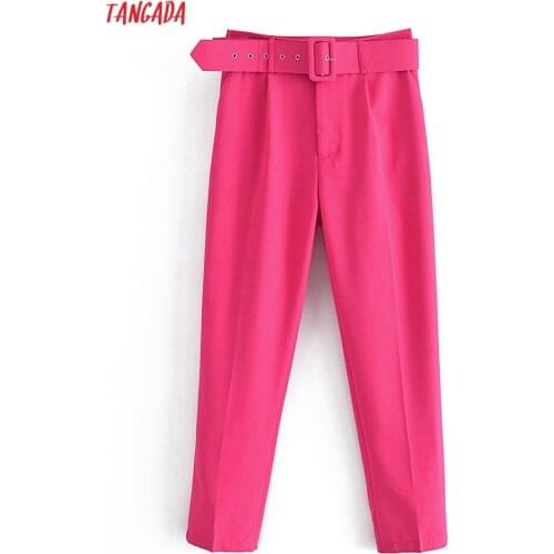 Tangada 2021 Fashion Women Solid Hotpink with Belt Suit Pants Trousers Pockets Buttons Office Lady Pants Pantalon QN66