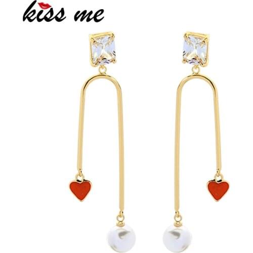 KISS ME Gold Color Plating Glass Hollowed Rectangle Drop Earrings For Women Enamle Simulated Pearl Pendant Drop Earrings
