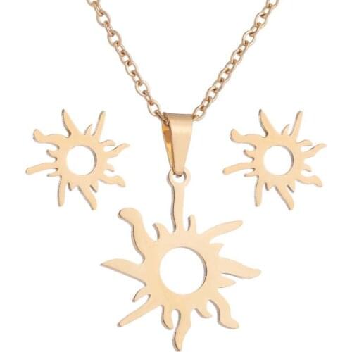 AsJerlya Stainless Steel Necklace Stud Earrings Ethnic Sun Totem Pendant Necklace For Women Birthday Party Fashion Jewelry Sets