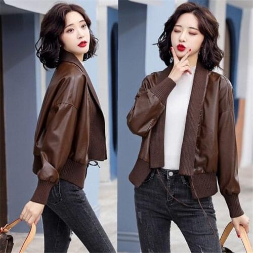 Black Khaki Womens Short PU Leather Jacket Autumn Winter New Knit Stitching Plus Velvet Lady Casual Leather Cardigan Coats e148
