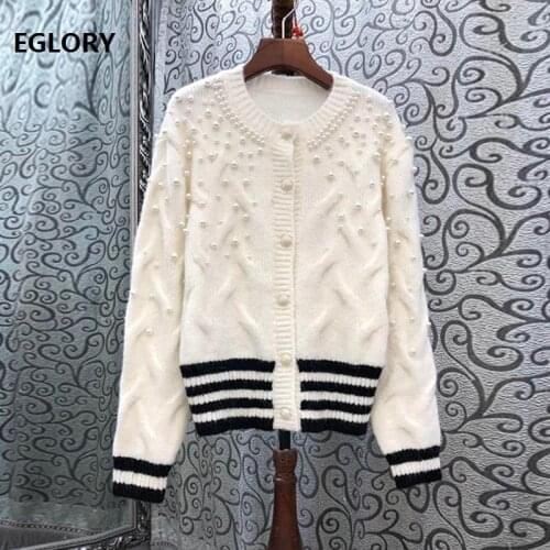 High Quality New Fashion Cardigan Sweaters Women Hand Made Beading Striped Color Block Knitting Long Sleeve Casual Basic Sweater