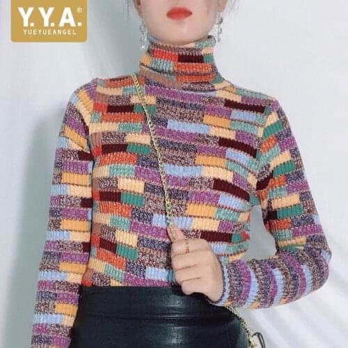New Brand Colorful Plaid Womens Winter Turtleneck Sweaters Fashion Long Sleeve Stretchy Warm Slim Fit Female Knitted Pullover