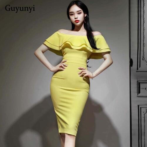 Summer Office Pencil Dress Plain Color Small Sexy Off The Shoulder Slash Neck Ruffles Slim High Waist Elegant Party Dress Women
