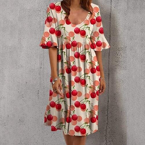 Cherry Printed Midi Dress Women 2021 Spring O Neck Plus Size Dress Fly Sleeve Pleated Elegant Casual Dresses Lady Streetwear 5XL