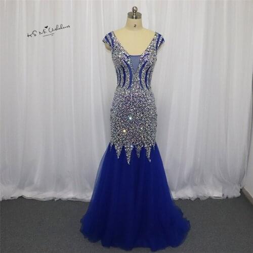 Robe de Soiree Longue 2018 Sexy Royal Blue Formal Evening Party Gowns Crystals Cap Sleeve Mermaid Prom Dresses Long Tulle Boda