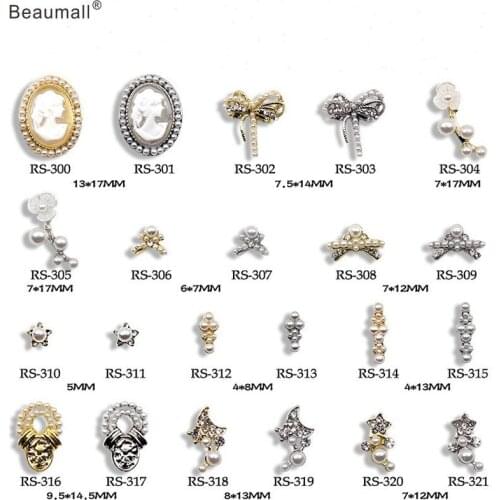 10pcs/lot, 3d Nail Art Elegant Designs Gold/Silver Alloy With Pearls Crystal Rhinestones Nail Tips Beauty