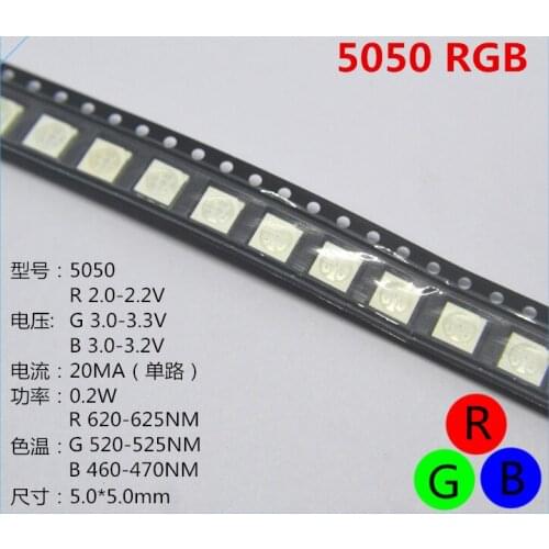 100 pcs 5050 RGB SMD LED RED BLUE GREEN SMT LED PLCC-6 3-CHIPS Light Emitting Diodes Lamp Bead For Car, Boat, Bike DIY