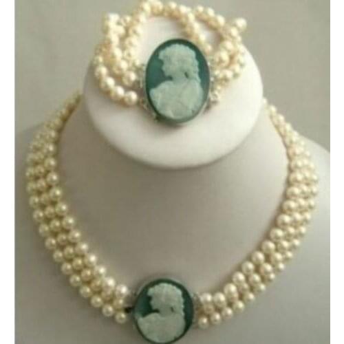 3Strand 7-8mm White Akoya Pearl Cameo Necklace Bracelet