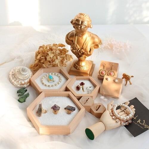 3 Size Wood Hexagon Jewelry Display Tray Wooden Snack Fruit Plates Tray Container Desktop Storage Box Multi Makeup Storage Rack