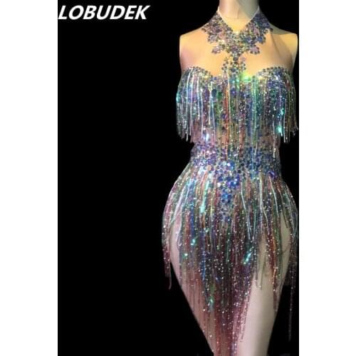 Two Styles Colorful Rhinestones Tassels Bodysuit Sleeveless Crystals Fringed Bodysuit Nightclub Sexy Women Stage Dance Costume