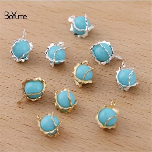 BoYuTe (100 Pieces/Lot) Wholesale Wrapped 6MM Lake Blue Bead Charms Metal Brass DIY Hand Made Jewelry Accessories